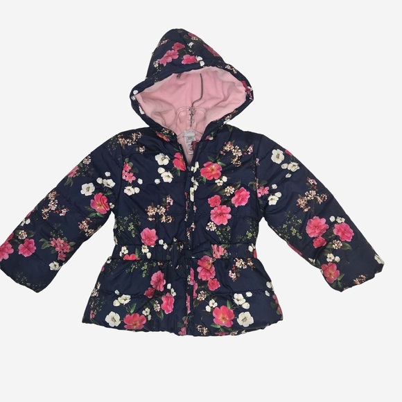 Little Me Other - Little Me 2T Navy Floral Puffer Coat Pink Fleece Lined Hooded Jacket 2T Girl